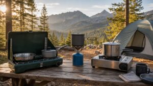 camping stoves arranged for a practical outdoor camping comparison at a natural campsite