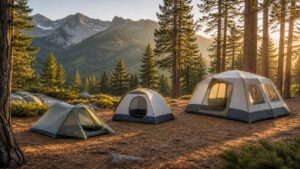 Three camping tents in different sizes pitched at a pine forest campsite with mountain views