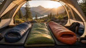 sleeping bags arranged for a practical outdoor camping comparison at a natural campsite