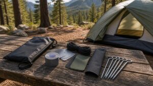 tent repair kits arranged for a practical outdoor camping comparison at a natural campsite