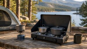 camping stoves arranged for a practical outdoor camping comparison at a natural campsite