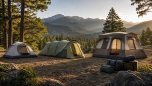 Three unbranded camping tents with different shapes displayed at a forest edge campsite