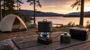camping stoves arranged for a practical outdoor camping comparison at a natural campsite