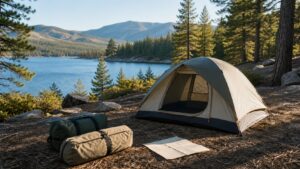 Unbranded camping tent pitched on a dry lakeside campsite surrounded by pine trees