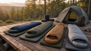 sleeping bags arranged for a practical outdoor camping comparison at a natural campsite