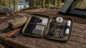 tent repair kits arranged for a practical outdoor camping comparison at a natural campsite